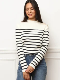Outlet La Modeuse Pull marinière à boutons officiers Blanc