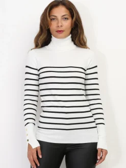 Clearance La Modeuse Pull marinière à col roulé Blanc
