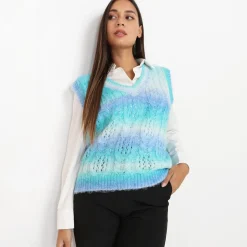 Online La Modeuse Pull sans manches effet tie dye à col V BleuClair