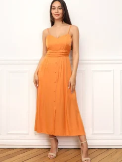 Online La Modeuse Robe à boutons et détails plissés Orange