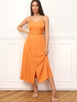 Online La Modeuse Robe à boutons et détails plissés Orange