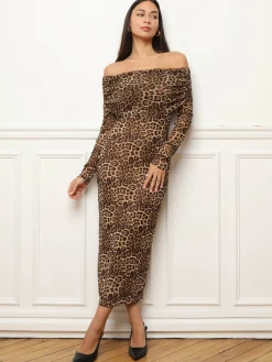 Discount La Modeuse Robe à col bardot et imprimé animal Taupe