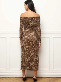 Discount La Modeuse Robe à col bardot et imprimé animal Taupe