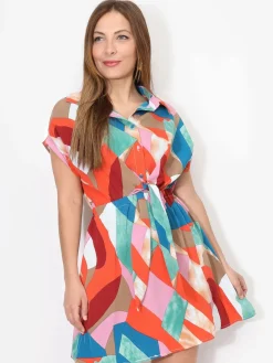 La Modeuse Robe à col chemise et motif rétro Orange