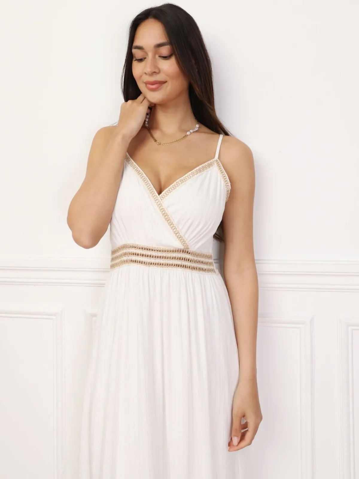 Online La Modeuse Robe à détails en cordage et rayures dorées Blanc