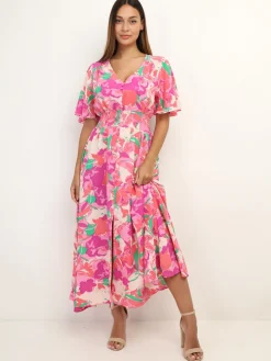 Clearance La Modeuse Robe à fleurs fendue à boutons Rose