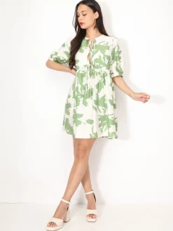 Best La Modeuse Robe à fleurs graphiques et n艙uds Vert