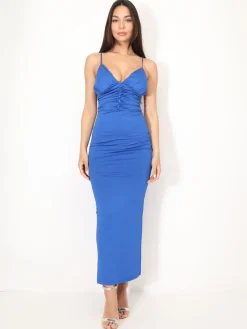 Online La Modeuse Robe à fronces et boutons Bleu