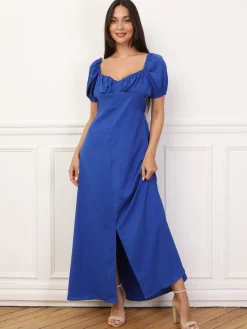 Discount La Modeuse Robe à fronces et manches ballons Bleu