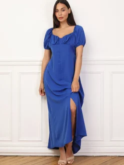 Discount La Modeuse Robe à fronces et manches ballons Bleu