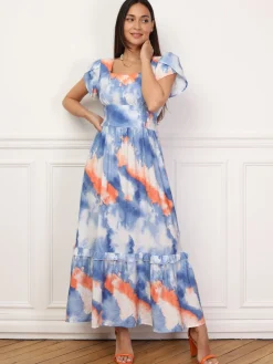 Clearance La Modeuse Robe à imprimé aquarelles et volants Bleu