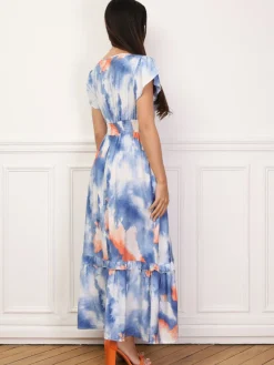 Clearance La Modeuse Robe à imprimé aquarelles et volants Bleu