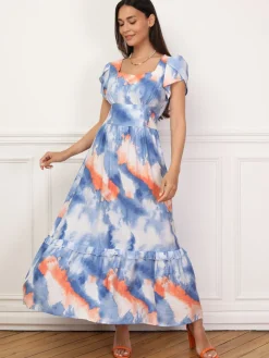 Clearance La Modeuse Robe à imprimé aquarelles et volants Bleu