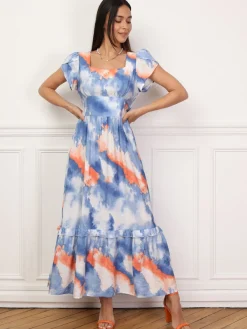 Clearance La Modeuse Robe à imprimé aquarelles et volants Bleu