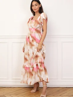 Hot La Modeuse Robe à imprimé aquarelles et volants Marron