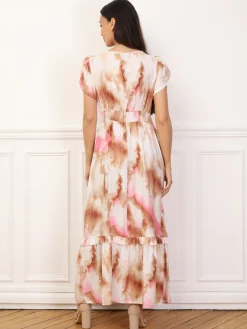 Hot La Modeuse Robe à imprimé aquarelles et volants Marron