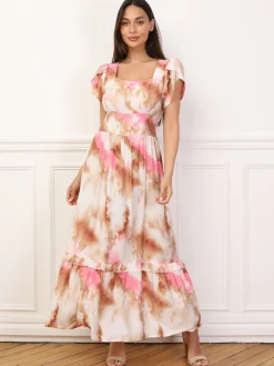 Hot La Modeuse Robe à imprimé aquarelles et volants Marron