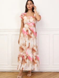 Hot La Modeuse Robe à imprimé aquarelles et volants Marron