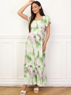 Sale La Modeuse Robe à imprimé aquarelles et volants Vert