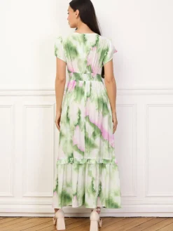 Sale La Modeuse Robe à imprimé aquarelles et volants Vert