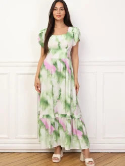 Sale La Modeuse Robe à imprimé aquarelles et volants Vert