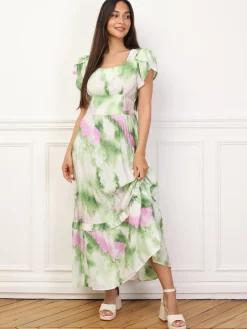 Sale La Modeuse Robe à imprimé aquarelles et volants Vert