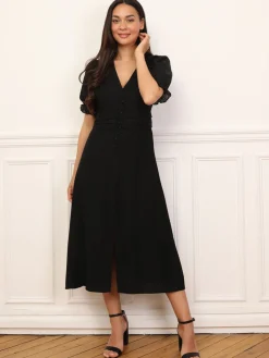 Online La Modeuse Robe à manches ballons et boutons Noir