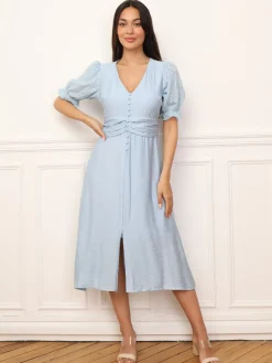 Hot La Modeuse Robe à manches ballons et boutons BleuClair