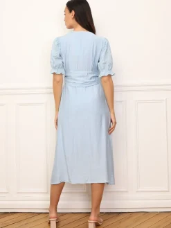 Hot La Modeuse Robe à manches ballons et boutons BleuClair