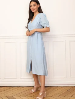 Hot La Modeuse Robe à manches ballons et boutons BleuClair