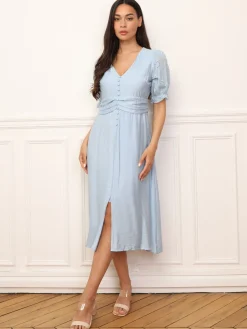 Hot La Modeuse Robe à manches ballons et boutons BleuClair