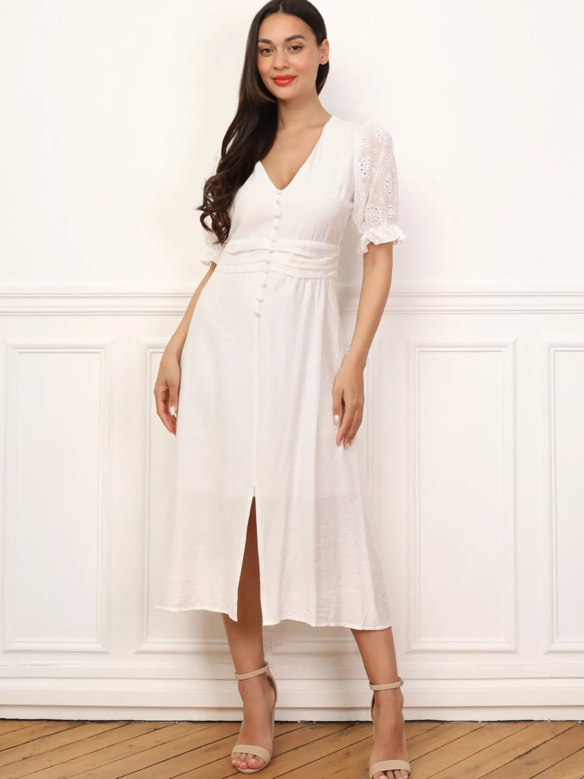 Outlet La Modeuse Robe à manches ballons et boutons Blanc