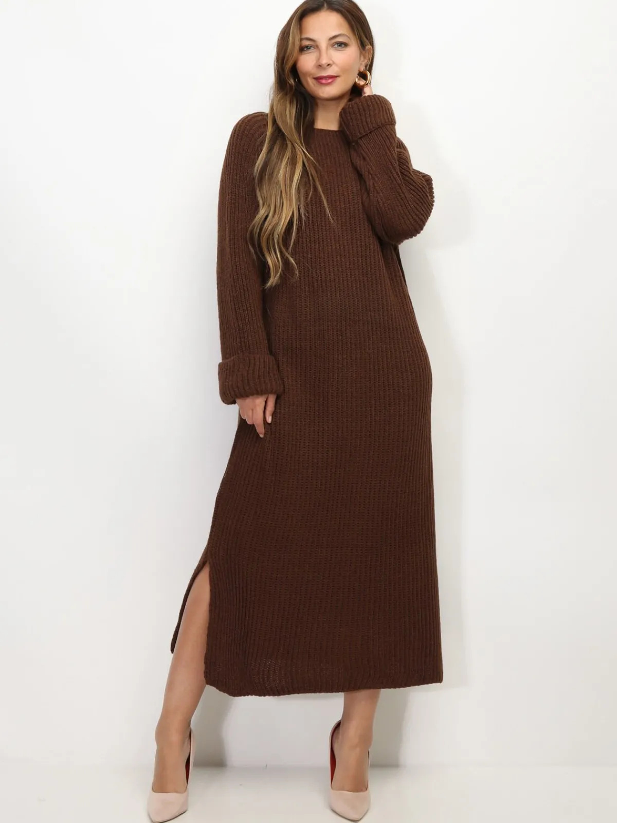 Clearance La Modeuse Robe à manches évasées et fentes Marron