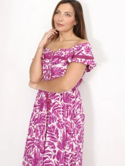 Best La Modeuse Robe à motif feuilles et volants Fuchsia