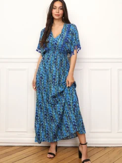 Clearance La Modeuse Robe à motif floral et pompons BleuMarine
