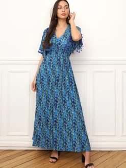 Clearance La Modeuse Robe à motif floral et pompons BleuMarine