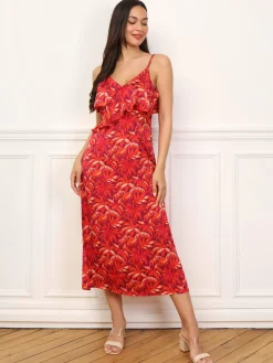 New La Modeuse Robe à motif palmiers et volants Rouge