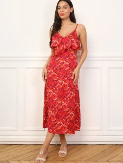 New La Modeuse Robe à motif palmiers et volants Rouge