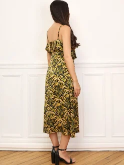 La Modeuse Robe à motif palmiers et volants Noir