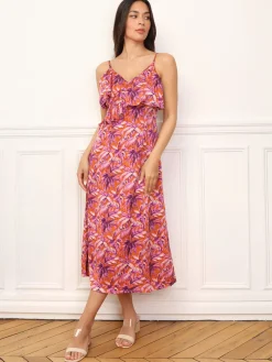 La Modeuse Robe à motif palmiers et volants Orange