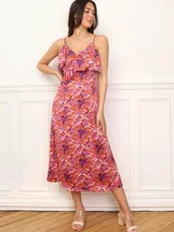 La Modeuse Robe à motif palmiers et volants Orange