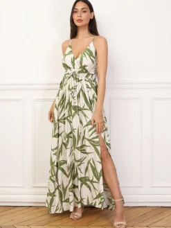 Sale La Modeuse Robe à motif tropical et éclats dorés Vert