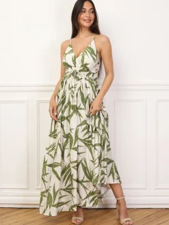 Sale La Modeuse Robe à motif tropical et éclats dorés Vert