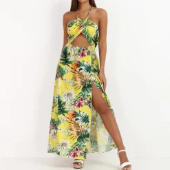 Online La Modeuse Robe ajourée à chaîne et imprimé tropical Jaune