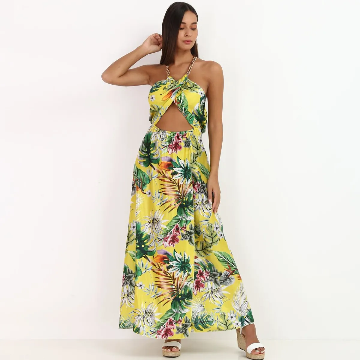 Online La Modeuse Robe ajourée à chaîne et imprimé tropical Jaune