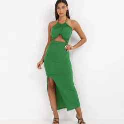 Sale La Modeuse Robe ajourée à fente et chaîne Vert