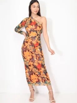 La Modeuse Robe asymétrique froncée à motif fleurs Orange