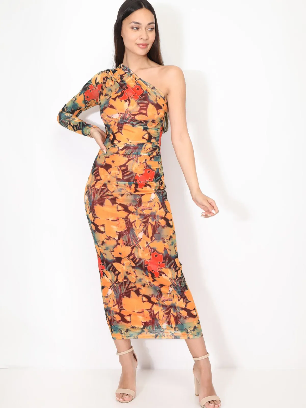 La Modeuse Robe asymétrique froncée à motif fleurs Orange