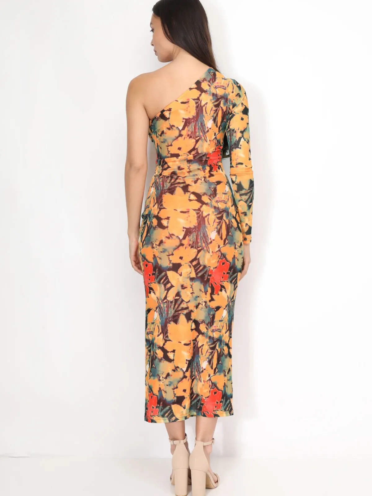 La Modeuse Robe asymétrique froncée à motif fleurs Orange
