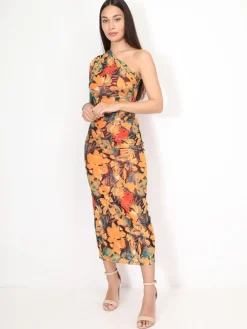 La Modeuse Robe asymétrique froncée à motif fleurs Orange